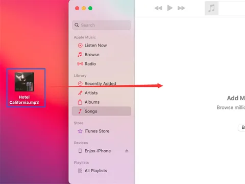 Dragging music into the iTunes Songs folder (step 2)