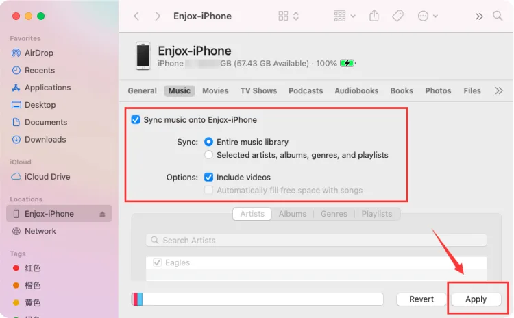 Syncing music to an iPhone for Enjox (step 4)
